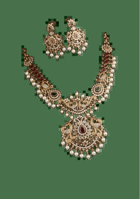 Stunning Antique Gold Plated AD Stone Necklace Set With Pearls