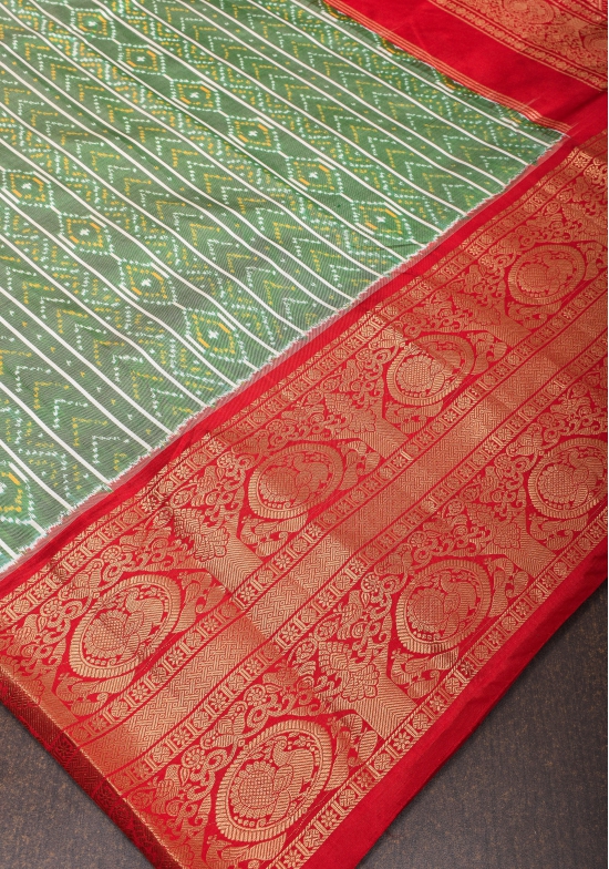 Ikkat Kanjivaram Fusion Silk Saree in Green & Red with Wide Zari Border | SILK MARK CERTIFIED