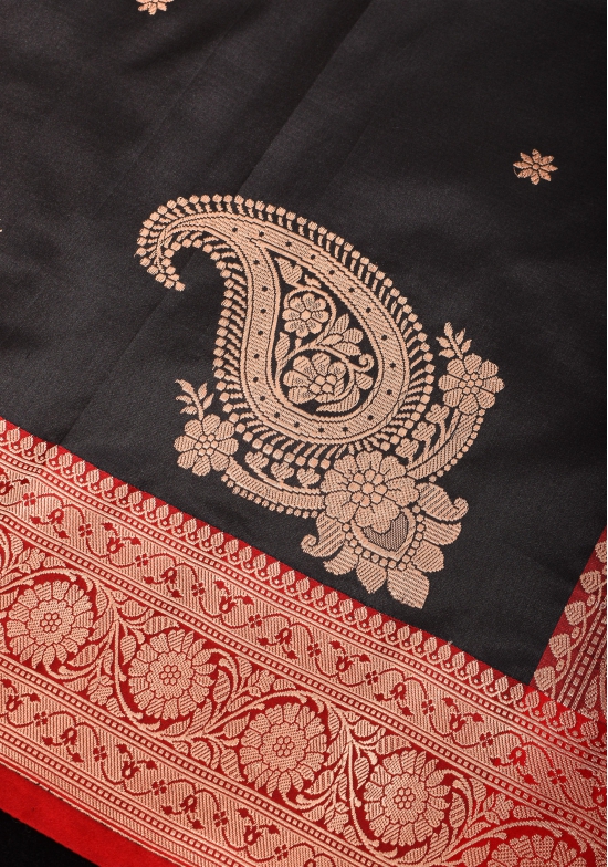 Black and Red Authentic Katan Silk Banarasi Saree with Chunri Buttis and Koniya Motifs | SILK MARK CERTIFIED