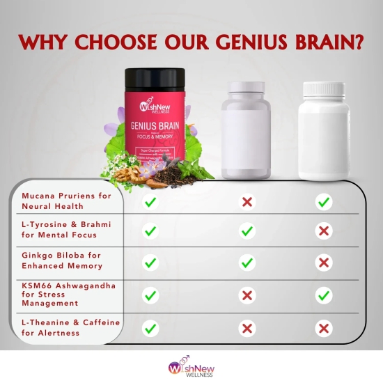 WishNew Wellness GENIUS BRAIN | Advanced Nootropic Formula for Focus & Memory | 60 Vegetarian Capsules with Natural Brain Boosters | Mucana, Brahmi, Ginkgo Biloba & More