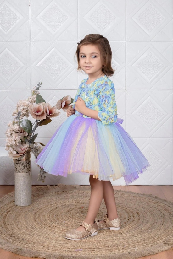Childbird Multicolor Net Kids Party Dress With Flower Jacket-12-18 Month