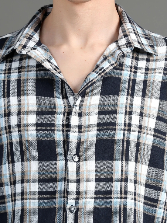 Premium Men Oversized Shirt, Yarn Dyed Stripes, Textured Fabric, Half Sleeve, Cotton, Blue-L / Blue Checks