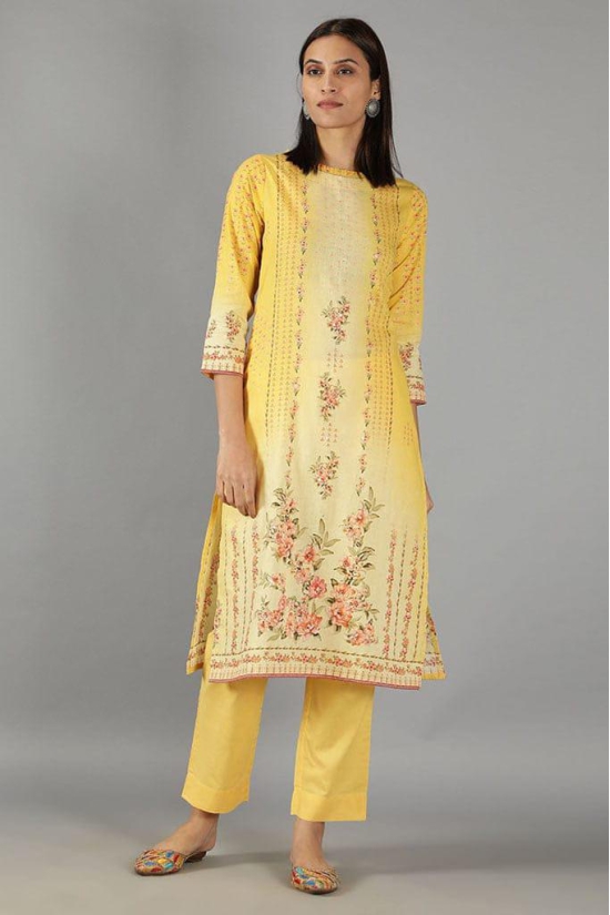 Yellow straight fit printed Kurta set with Dupatta