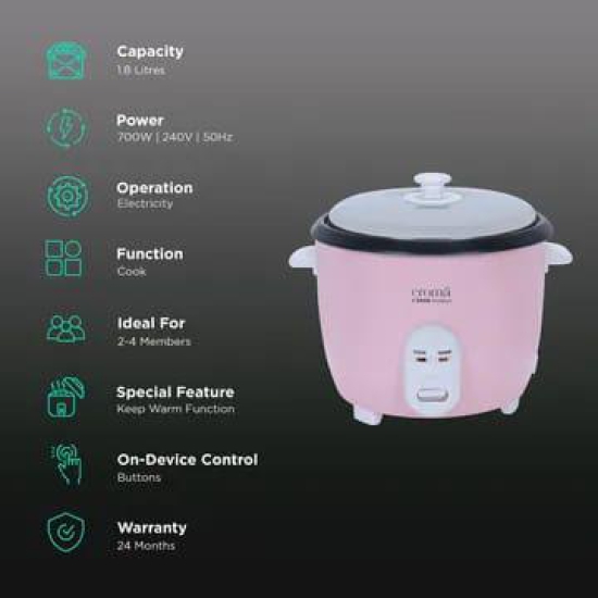 Croma 1.8 Litre Electric Rice Cooker with Keep Warm Function (Pink)