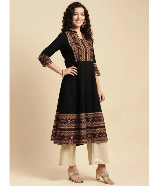 Rangita Women Rayon Black Ethnic Printed Calf Length Flared Kurti - None