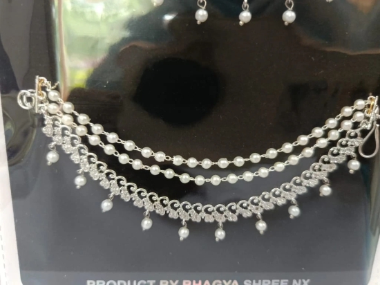 Pearl and Silver Double Chain Maang Tikka with Earrings