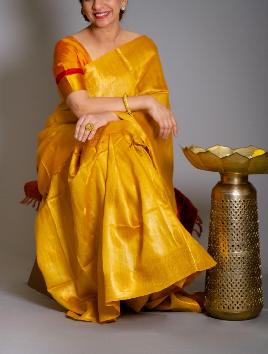 Sunrise Golden Yellow Soft Banarasi Pure Moonga Tussar Silk Saree