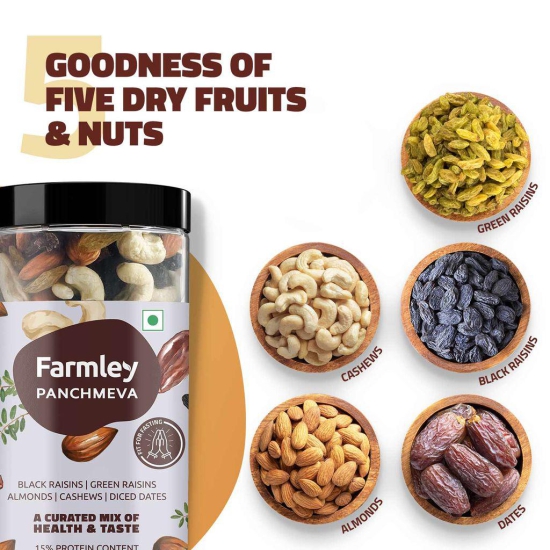 Farmley Premium Mixed Dry Fruits Panchmeva 450 Gram I Tasty & Mixed Nuts Healthy Snacks Contains Almond,Cashew,Dates,Green And Black Raisins I Reusable Jar