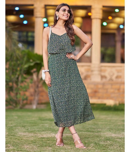 Selvia Georgette Printed Midi Womens Drop Waist Dress - Green ( Pack of 1 ) - None