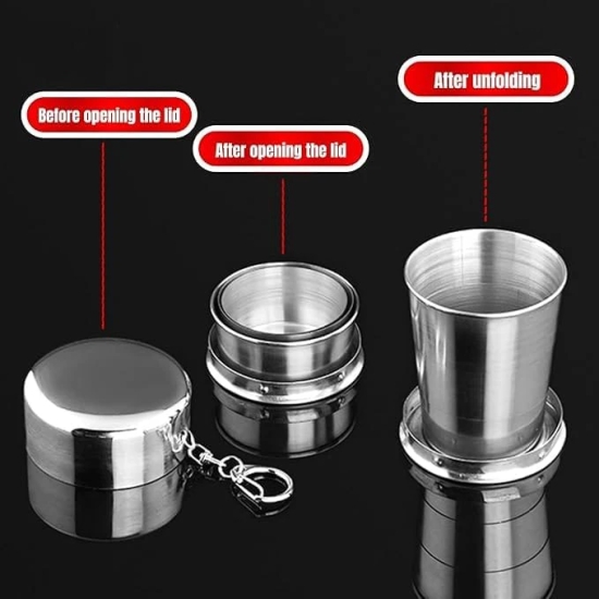 Leak Proof Stainless Steel Foldable 75 Ml Glass with Key Chain for Camping Hiking Drinking Travel Collapsible Cup Expandable Shot Glass Foldable Picnic Glass Silver Color 1 Pcs