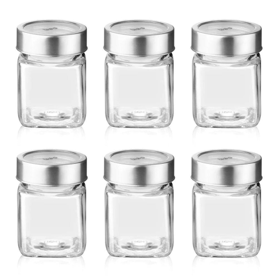 Treo Cube 180 ML Glass Storage Jar with Steel Lid | Transparent | Set of 3 and 6 Pcs