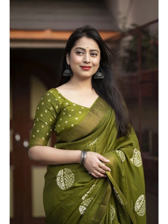 Bhuwal Fashion Cotton Printed Saree With Blouse Piece - Green ( Pack of 1 ) - Green