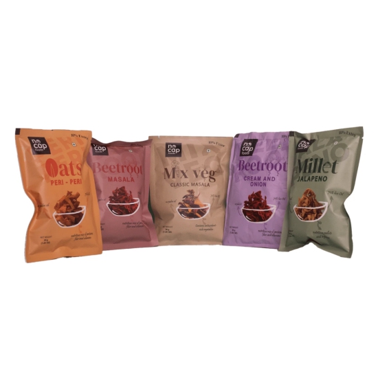 Healthy Chips Pack of 5 | Beetroot Masala Chips (1), Beetroot Cream and Onion (1), Oats Peri Peri (1), Millet Jalapeno (1), Mix Veg Classic Masala (1)