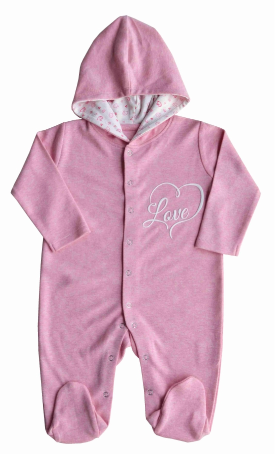 Pink Hoody Full Romper/Sleeper with Feet and Fower/heartPrinted Hood(100% Cotton)