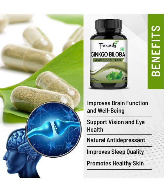 Farmity Ginkgo Biloba 500 mg Pure Brahmi Extract- 60 Vegan Capsule| For Clarity, Focus & Memory improves Blood Circulation & Brain Functionality