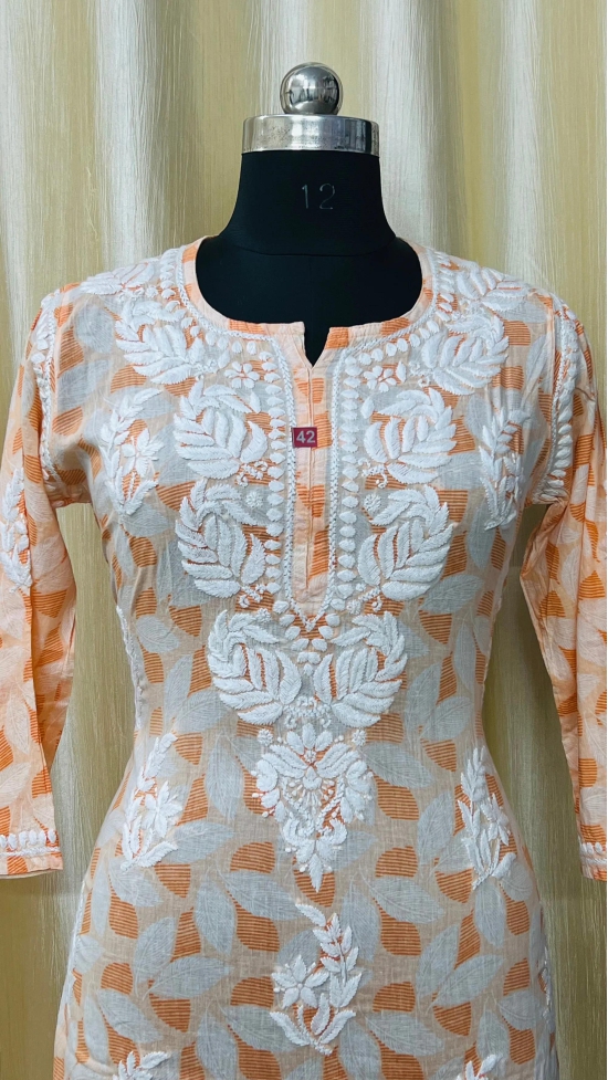 Pure Cotton Kurti-44/XXL / ORANGE / PURE MULMUL PRINTED COTTON