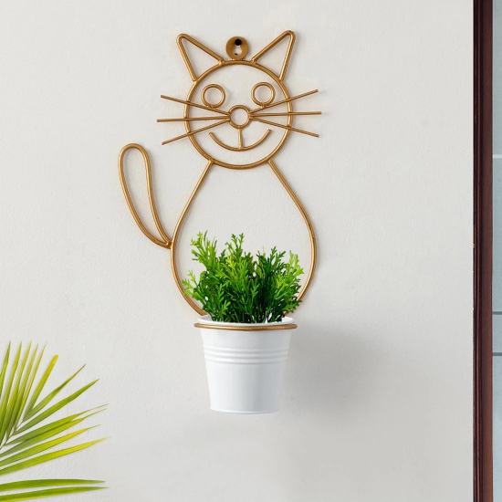 Cat Wall Planter Pot In Galvanized Iron (13 Inch, Brass Finish)