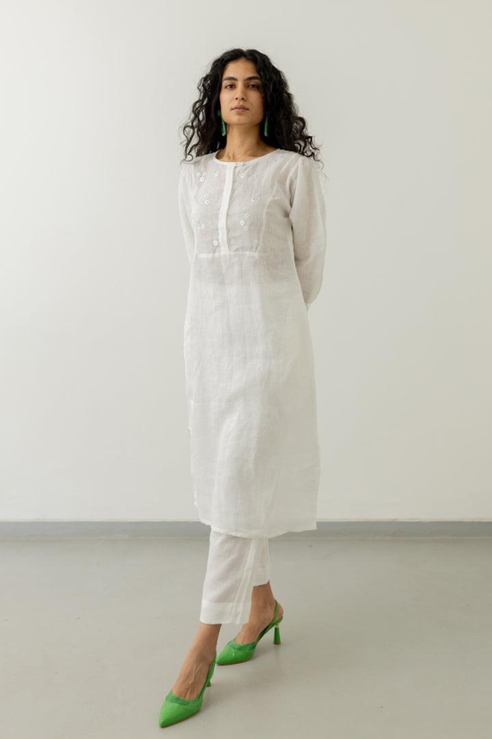 Pristine White linen kurta-M