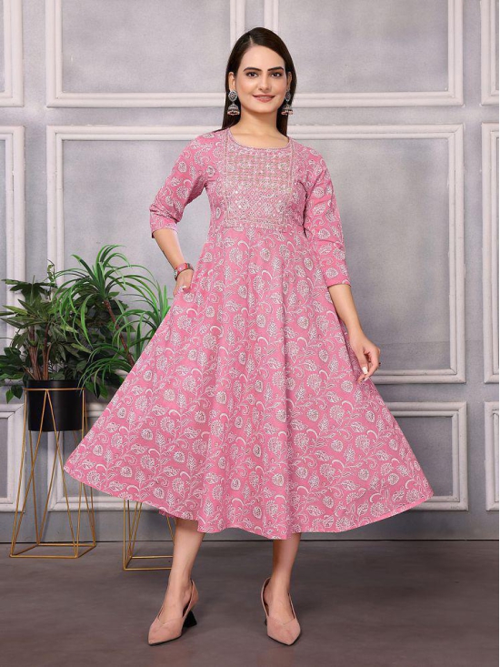 Rangita Women Cotton Pink Embroidered Calf Length Flared Kurti - None