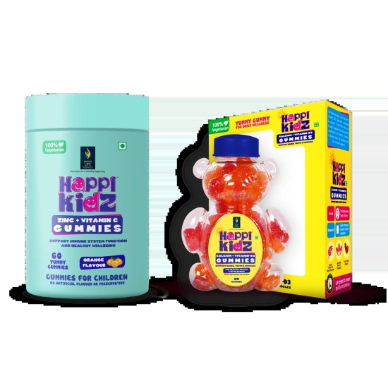 British Life Sciences Happi Kidz Calcium+Vitamin D3 Gummies & Happi Kidz Zinc+Vitamin C Gummies Combo | Natural, Strong Bones, Muscles and Teeth, Boosts Immunity