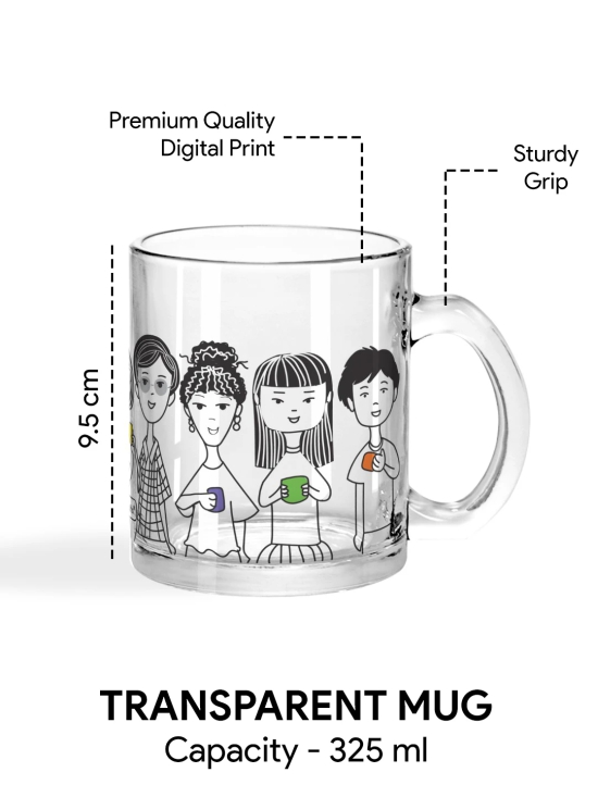 Indigifts Transparent Mug for Coffee Friends with Mug Printed Transperant Glass tea mug| Crystal Clear Glass Coffee Mug Set| Crystal Clear Glass Tea Mug Set| Printed Glass Cup for Tea 325 ml