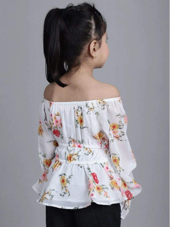 MINI & MING Girls Floral Printed Off-Shoulder Puff Sleeves Gathered Bardot Top