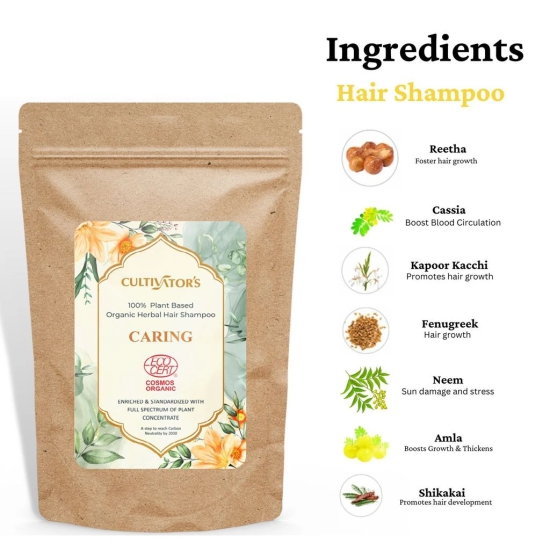 Cultivators Organic Herbal Hair Shampoo, Organic Natural Powder Shampoo for Women & Men For Caring Hairs From Root to Tip, Chemical Free Contains Amla, Shikhakai, Kapoor Kachli - Caring - 250 gm