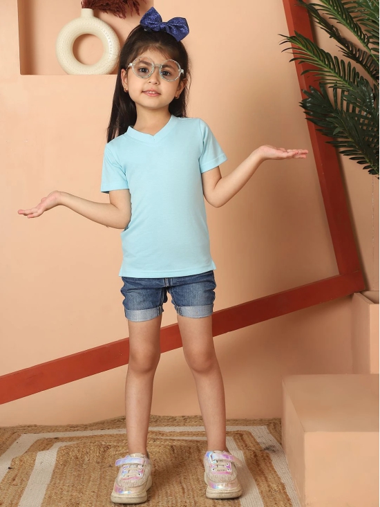 MINI & MING Girls Solid V-Neck Pure Cotton T-shirt