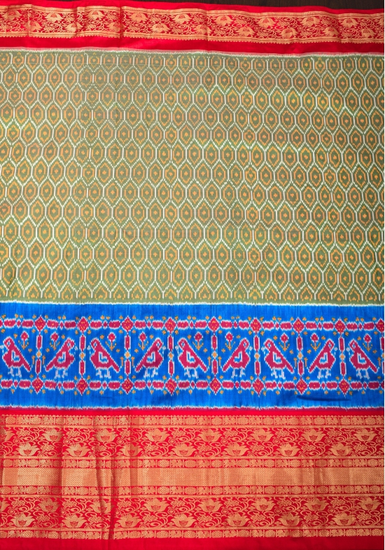 Ikkat Patola Kanjivaram Fusion Silk Saree in Olive Green with Blue Ikkat Panel and Red Zari borders |SILK MARK CERTIFIED