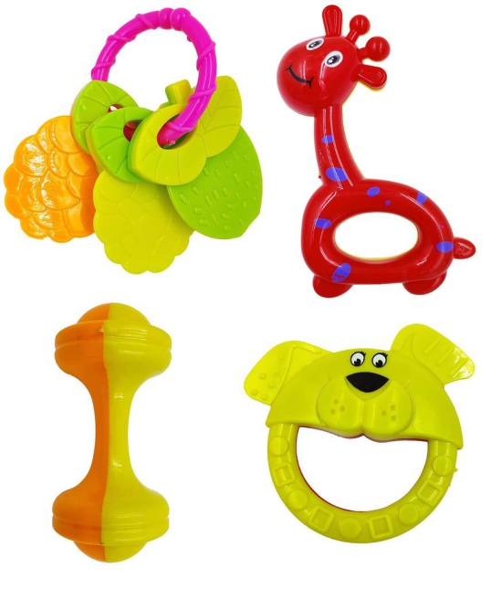 Humaira Plastic Rattles for New Born Baby Teether Non Toxic Toy Set for Toddler, Babies Infants and Children, Multicolor, 4 Pcs