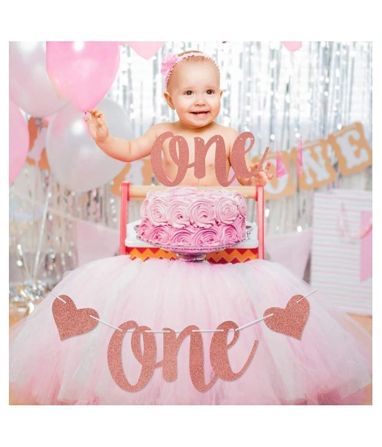 1st Birthday Decoration Supplies for Girl - One High Chair Banner and One Cake Topper - Rose Gold First Birthday Decorations - Baby Girl One Year Old Birthday Party Supplies