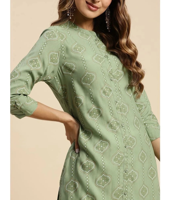 Rangita Women Rayon Mint Green Gold Printed Calf Length A-Line Kurti - None