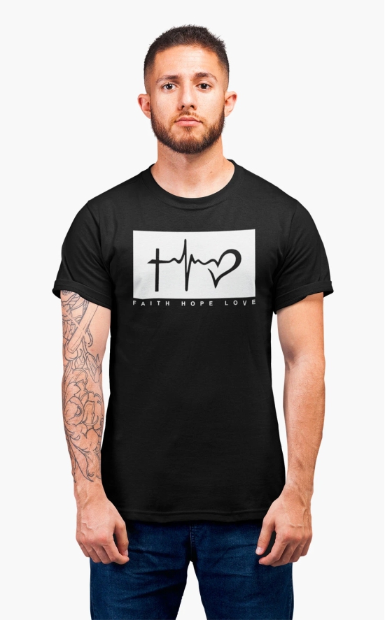 Mens Round Neck FAITH HOPE LOVE T-Shirt-Black / 5XL