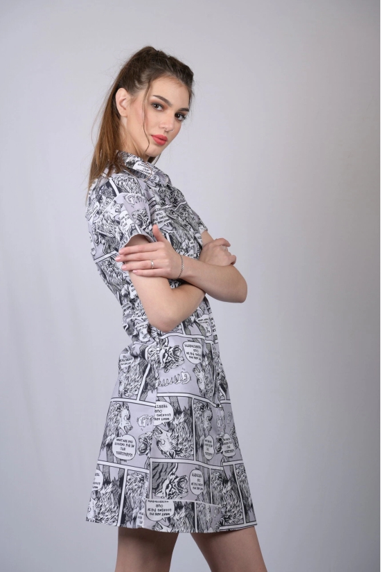 OWO THE LABEL Paper Print Collared Neckline Dress (OTL-DRS1020)-Grey / L