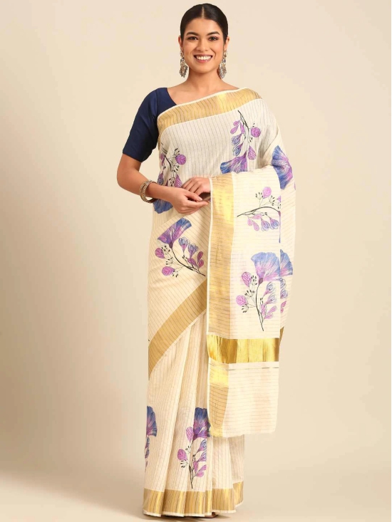 Kalyan Silks Golden Lines With Violet Printed Set Saree