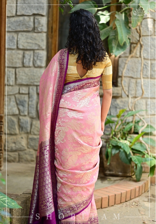 Lotus Pink and Plum Tussar Georgette Silk Saree | SILK MARK CERTIFIED | Shobitam Saree