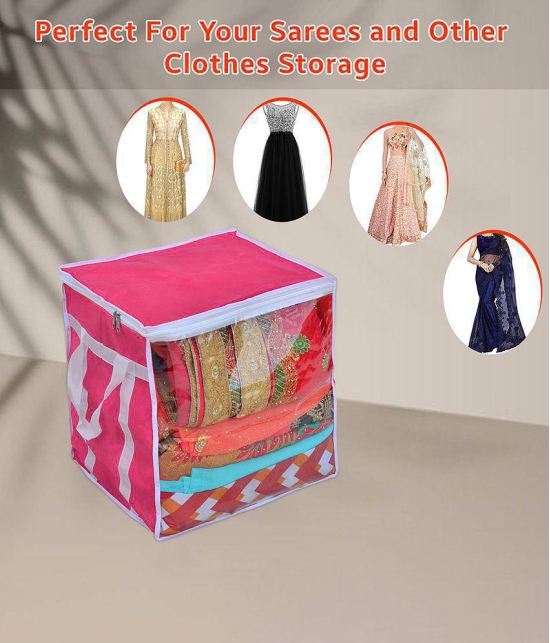 HOMETALES Non-Woven Saree Cover / Cloth Storage & Organizer with Transparent Window (Large, Pink)