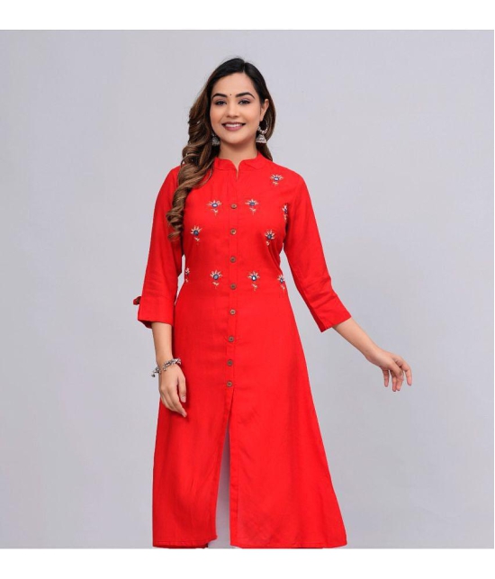 MAUKA Rayon Embroidered Front Slit Womens Kurti - Red ( Pack of 1 ) - None