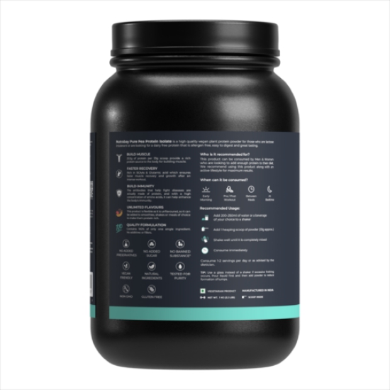 Nutrabay Pure Pea Protein Isolate - 25.3g Protein, 5g BCAA Vegan Plant Protein for Muscle Growth & Recovery - 1 Kg Unflavoured