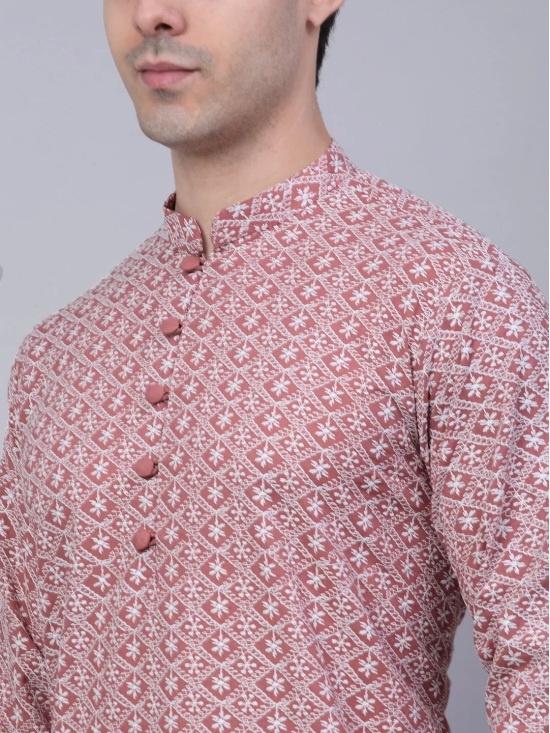 Men's Coral Red & White Embroidered Straight Kurtas-L / Pink