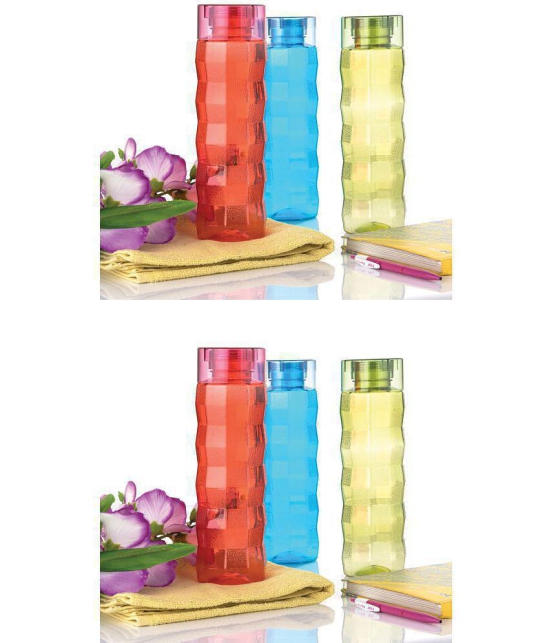 HOMETALES Multicolour PET Fridge Water Bottle (1000ml each), (6U), Checkered Pattern - Multicolour