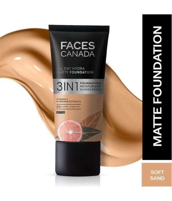 FACES CANADA Hydra Matte Foundation | 3-in-1 Foundation + Moisturizer + SPF 30 | Soft Sand 041 | 25ml