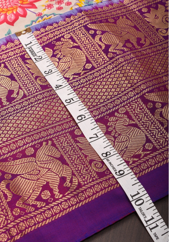 Exquisite Pochampally Ikkat Kanjivaram Pure Silk Digital Print saree in Beige and Purple with Zari Border  I SILK MARK CERTIFIED