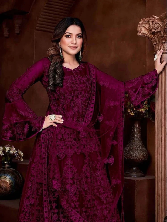 A TO Z CART Wine Flared Net Womens Semi Stitched Ethnic Gown ( Pack of 1 ) - None