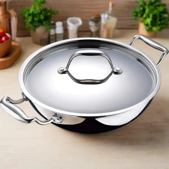 Bergner Argent Tri-Ply Kadhai with Lid | Gas & Induction Compatible | Silver 5.8 Litre