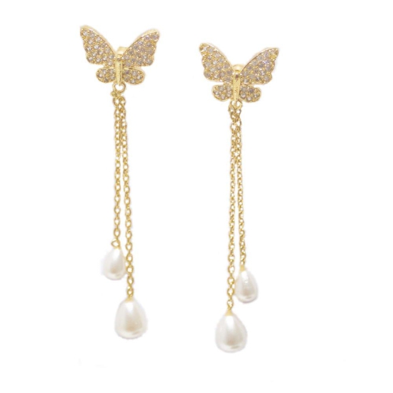 Butterfly earrings gold plated | pearl earrings for women and girls | gold chain link earring