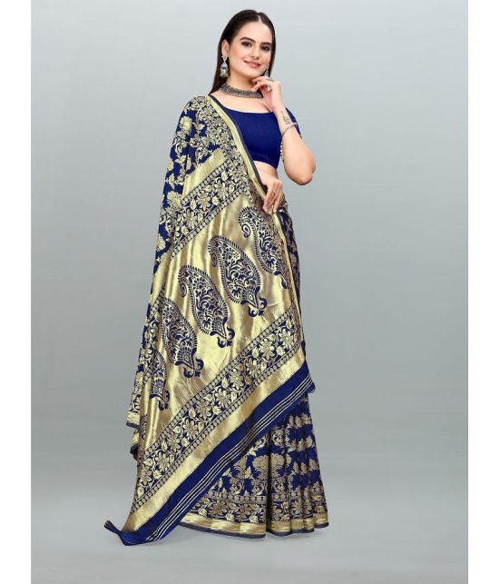 Om Shantam Sarees - Navy Blue Banarasi Silk Saree With Blouse Piece ( Pack of 1 ) - Navy Blue