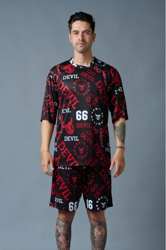 Go Devil 66 All over print (in Red) Black Polyester Co-ord Set for Men XL