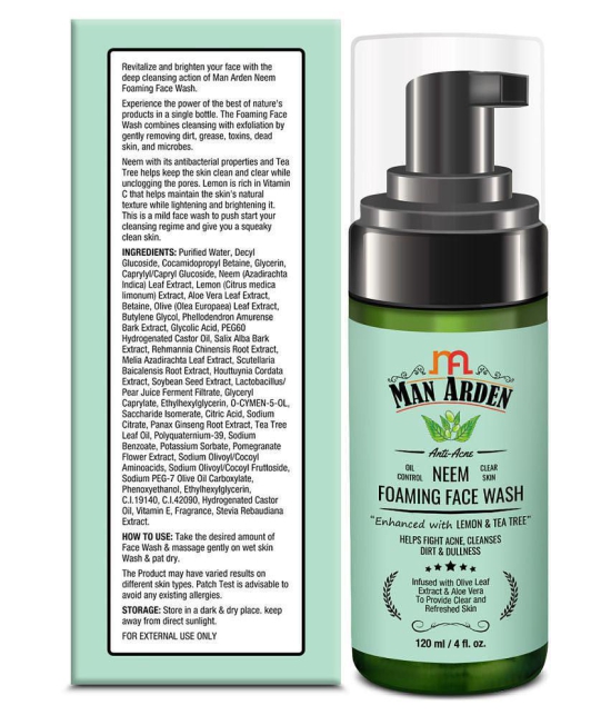 Man Arden Anti-Acne Neem Foaming Face Wash - Helps Fight Acne, Cleanses Dirt And Dullness - Infused With Olive Leaf Extract And Aloe Vera, 120ml