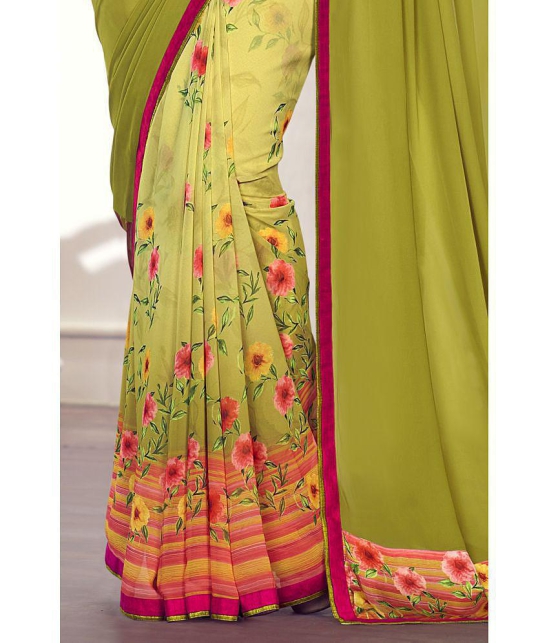 Rangita Half & Half Printed Georgette Saree With Lace Border & Blouse Piece - Lime Green - Lime Green